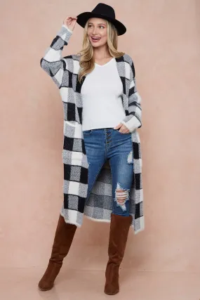 Front Patched Pocket Sweater Duster Plaid Check Long Cardigan