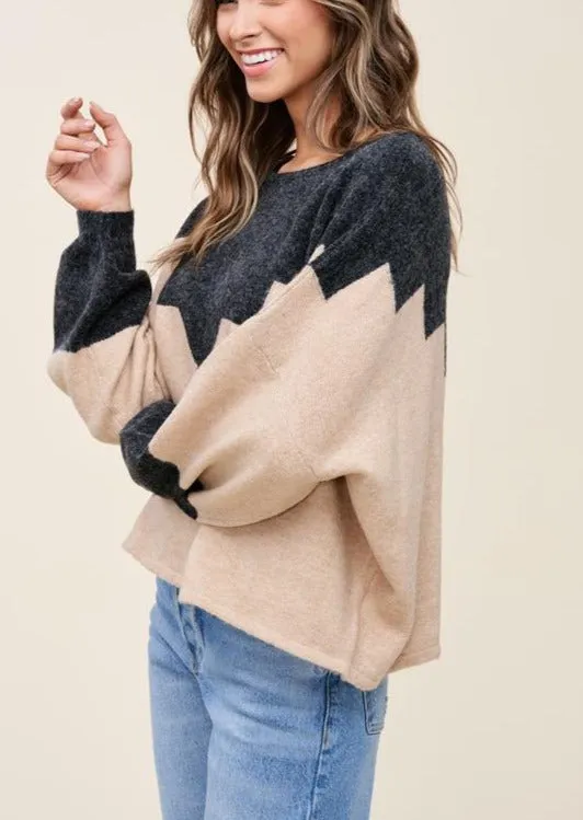 Geo Color Block Boatneck Sweater