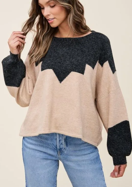 Geo Color Block Boatneck Sweater