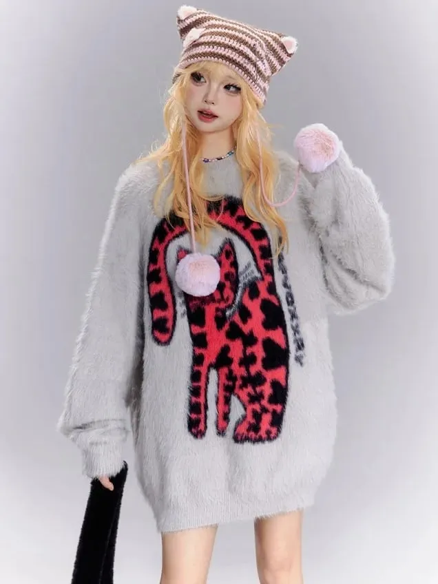 Grey Cat Pattern Round Neck Loose Sweater