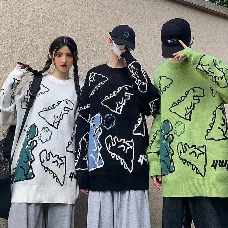Harajuku Cartoon Dinosaur Sweater - Playful and Comfortable