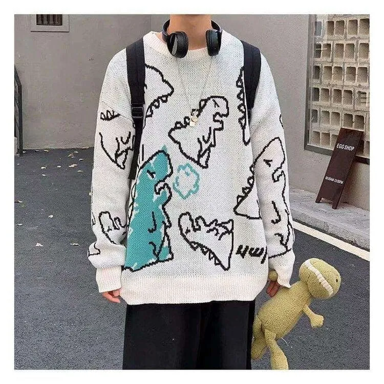 Harajuku Cartoon Dinosaur Sweater - Playful and Comfortable