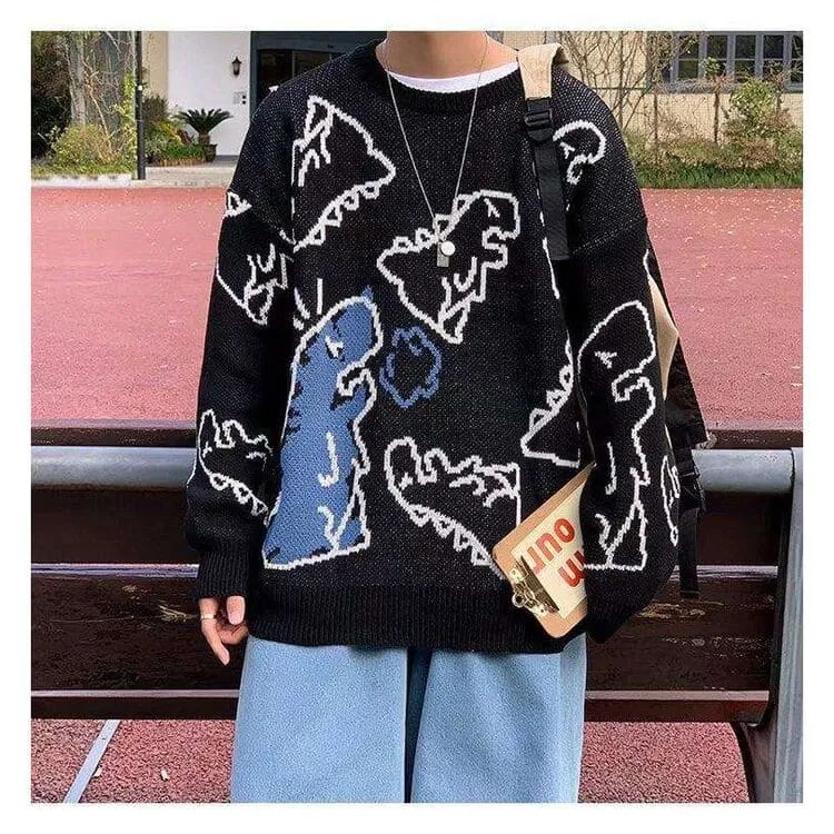 Harajuku Cartoon Dinosaur Sweater - Playful and Comfortable