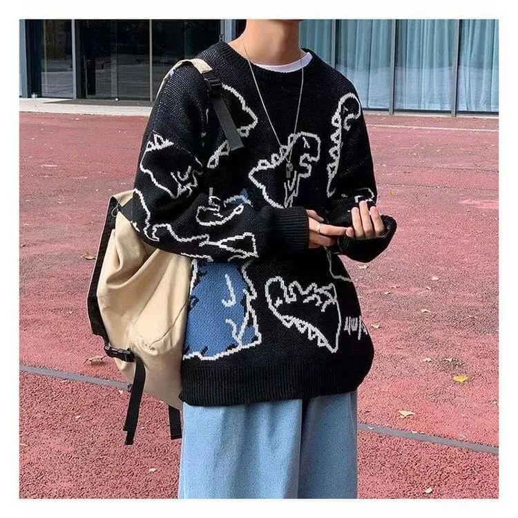 Harajuku Cartoon Dinosaur Sweater - Playful and Comfortable