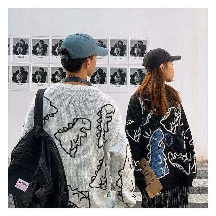 Harajuku Cartoon Dinosaur Sweater - Playful and Comfortable