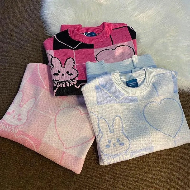 Harajuku Love Heart Bunny Sweater - Cute Cartoon Bunny Design"
