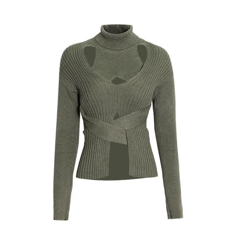 Hollow high neck tie elastic slim short sweater