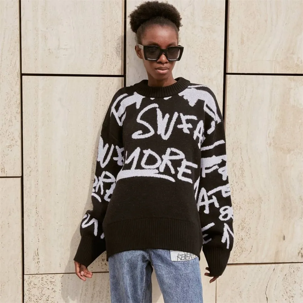 Lazy long-sleeved round neck loose letter sweater top