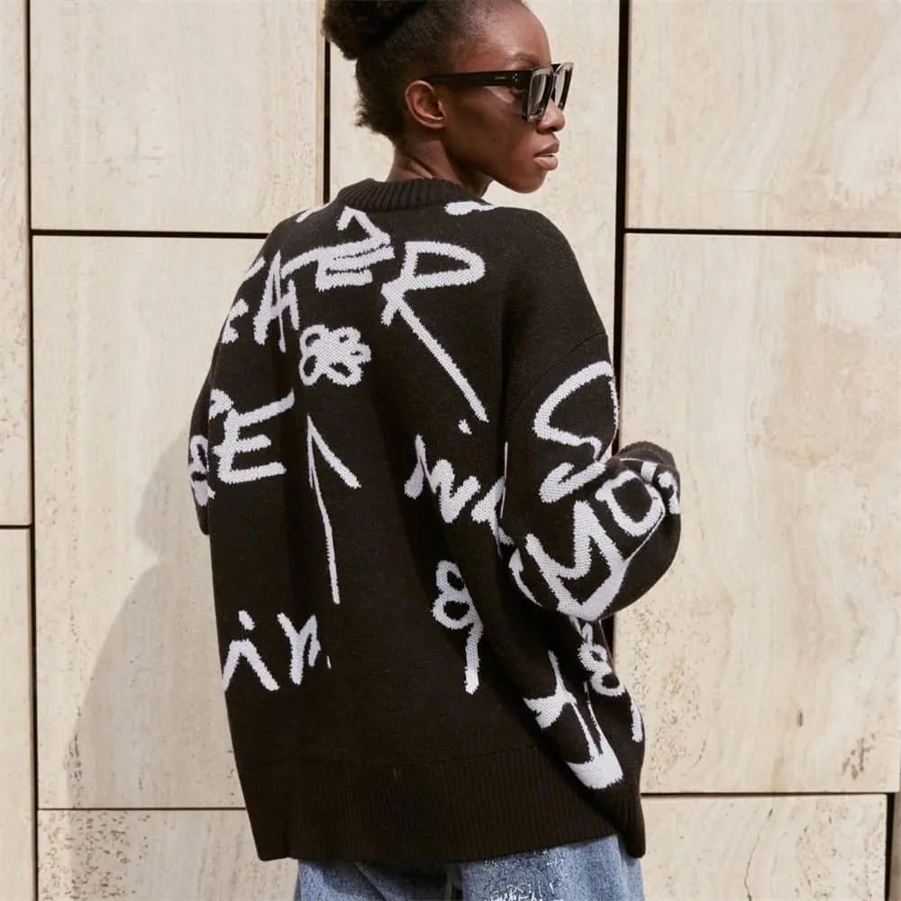 Lazy long-sleeved round neck loose letter sweater top