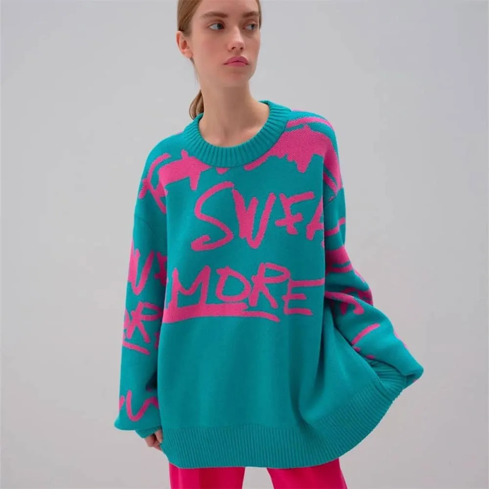 Lazy long-sleeved round neck loose letter sweater top