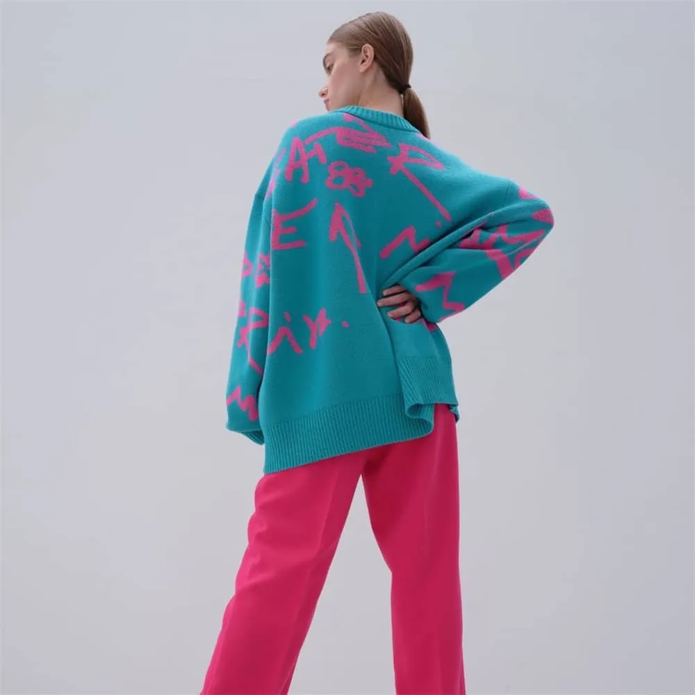 Lazy long-sleeved round neck loose letter sweater top