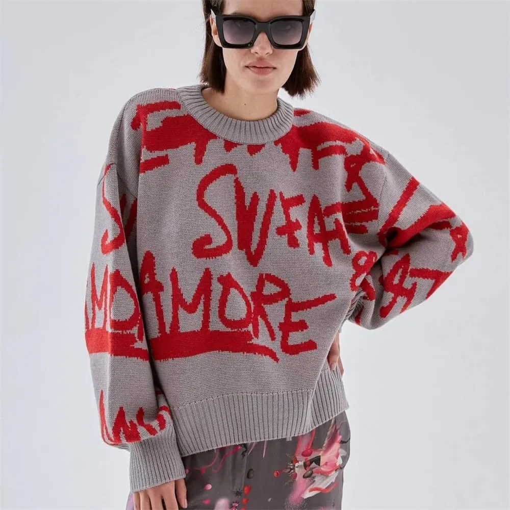 Lazy long-sleeved round neck loose letter sweater top