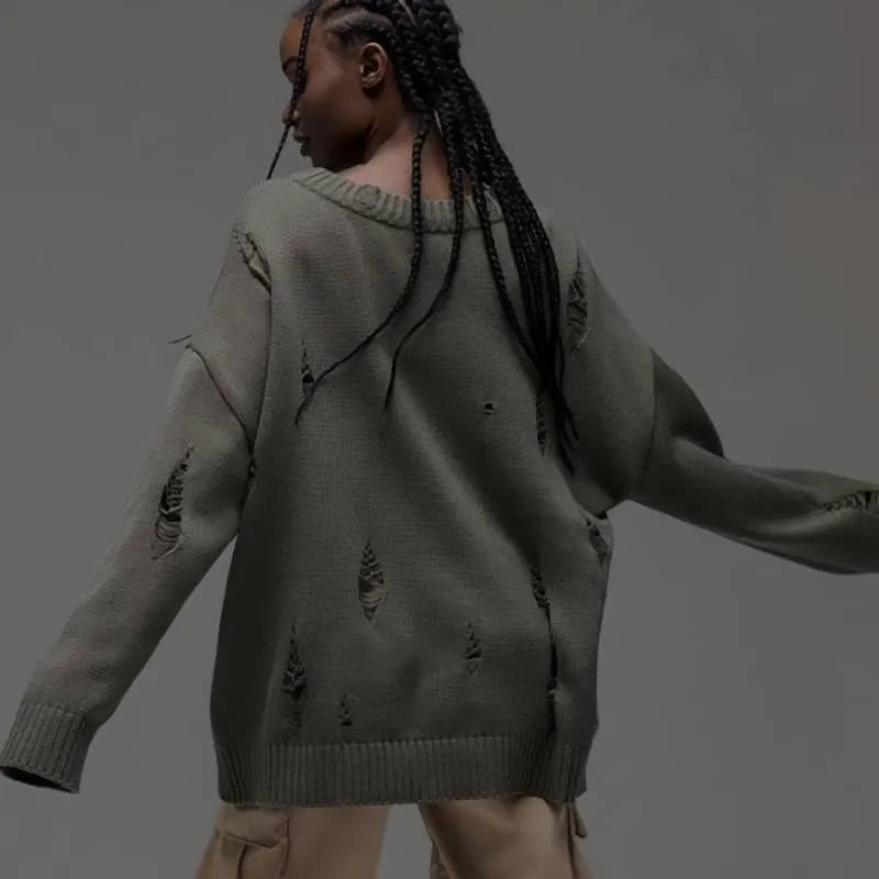 Loose-Fit Sweater with Round Neckline and Distressed Holes