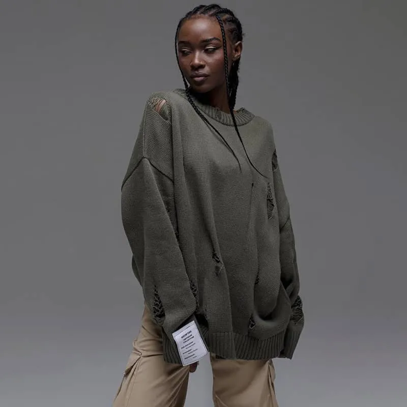 Loose-Fit Sweater with Round Neckline and Distressed Holes