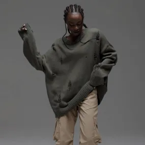 Loose-Fit Sweater with Round Neckline and Distressed Holes