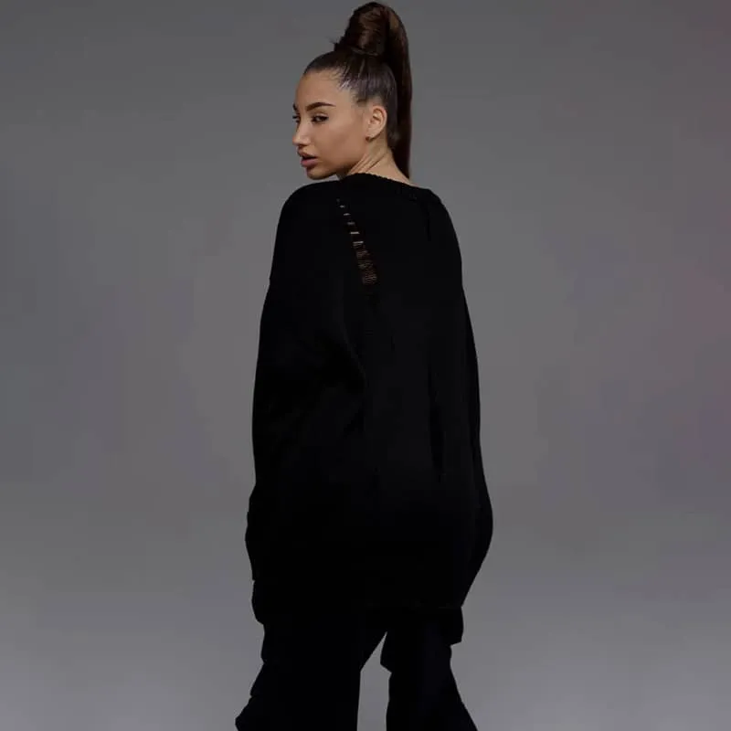 Loose-Fit Sweater with Round Neckline and Distressed Holes