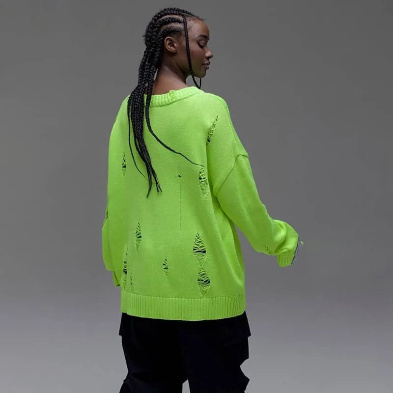 Loose-Fit Sweater with Round Neckline and Distressed Holes