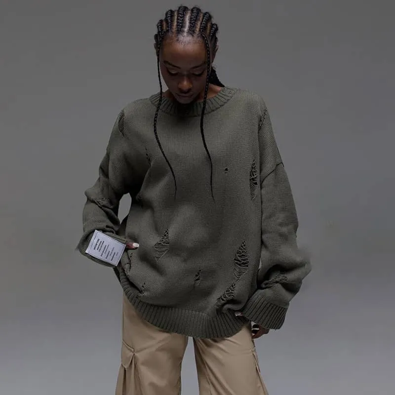 Loose-Fit Sweater with Round Neckline and Distressed Holes