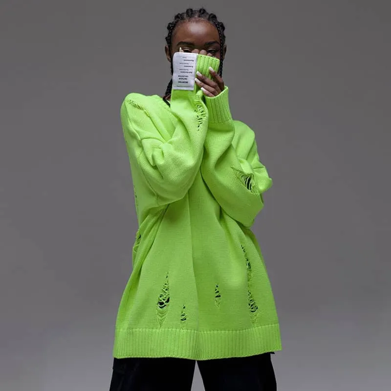 Loose-Fit Sweater with Round Neckline and Distressed Holes