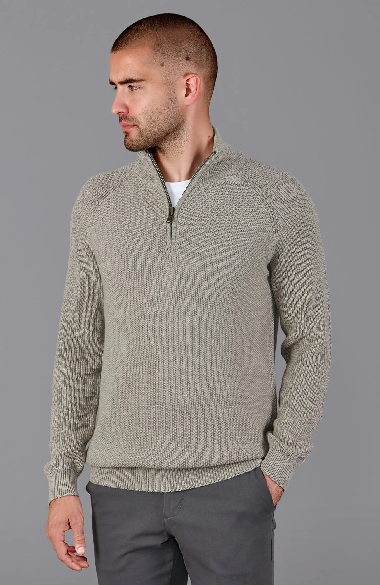 Mens Midweight Cotton Zip Neck Jumper