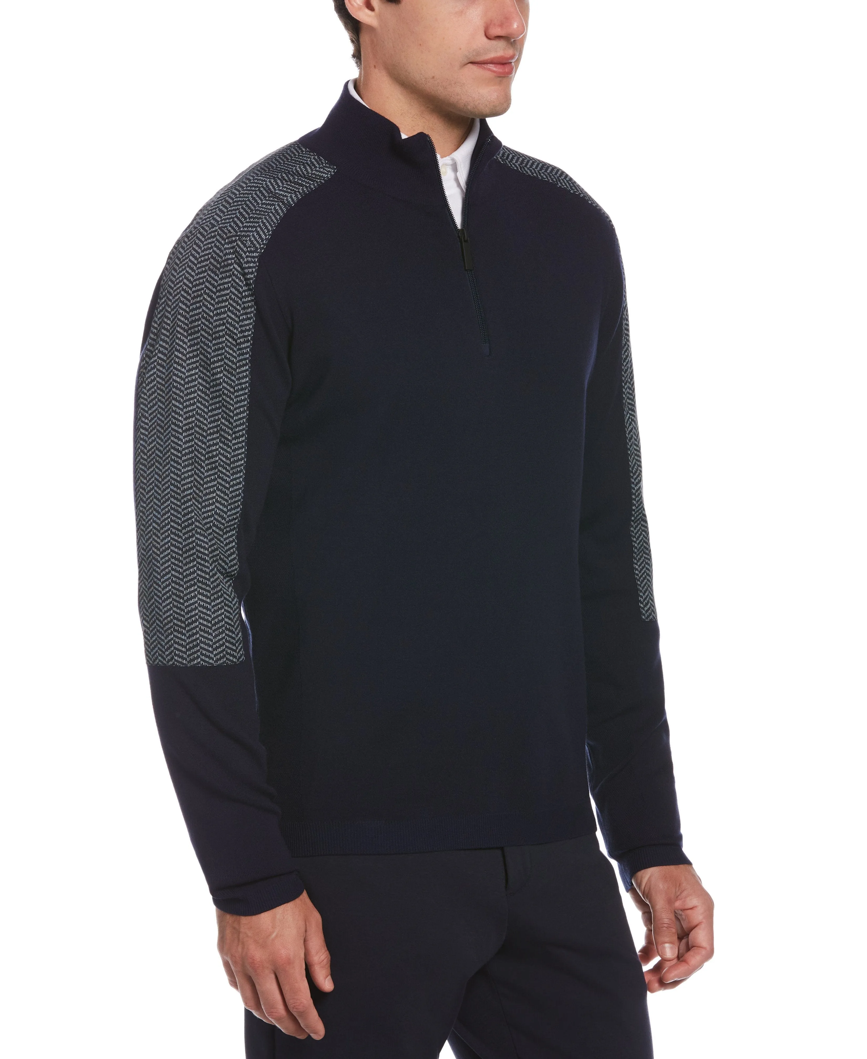 Nylon Pieced Herringbone Print Quarter Zip Sweater