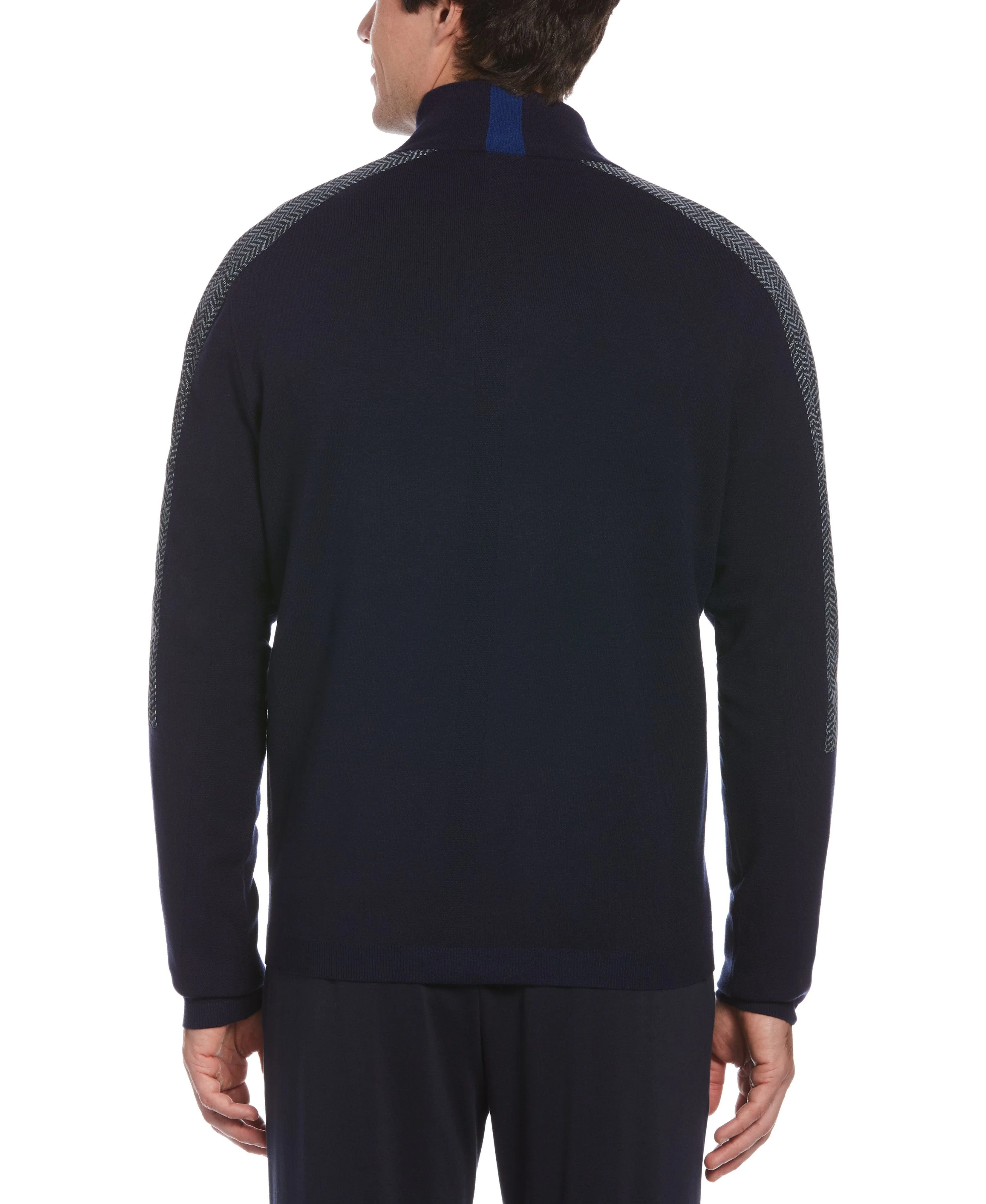 Nylon Pieced Herringbone Print Quarter Zip Sweater