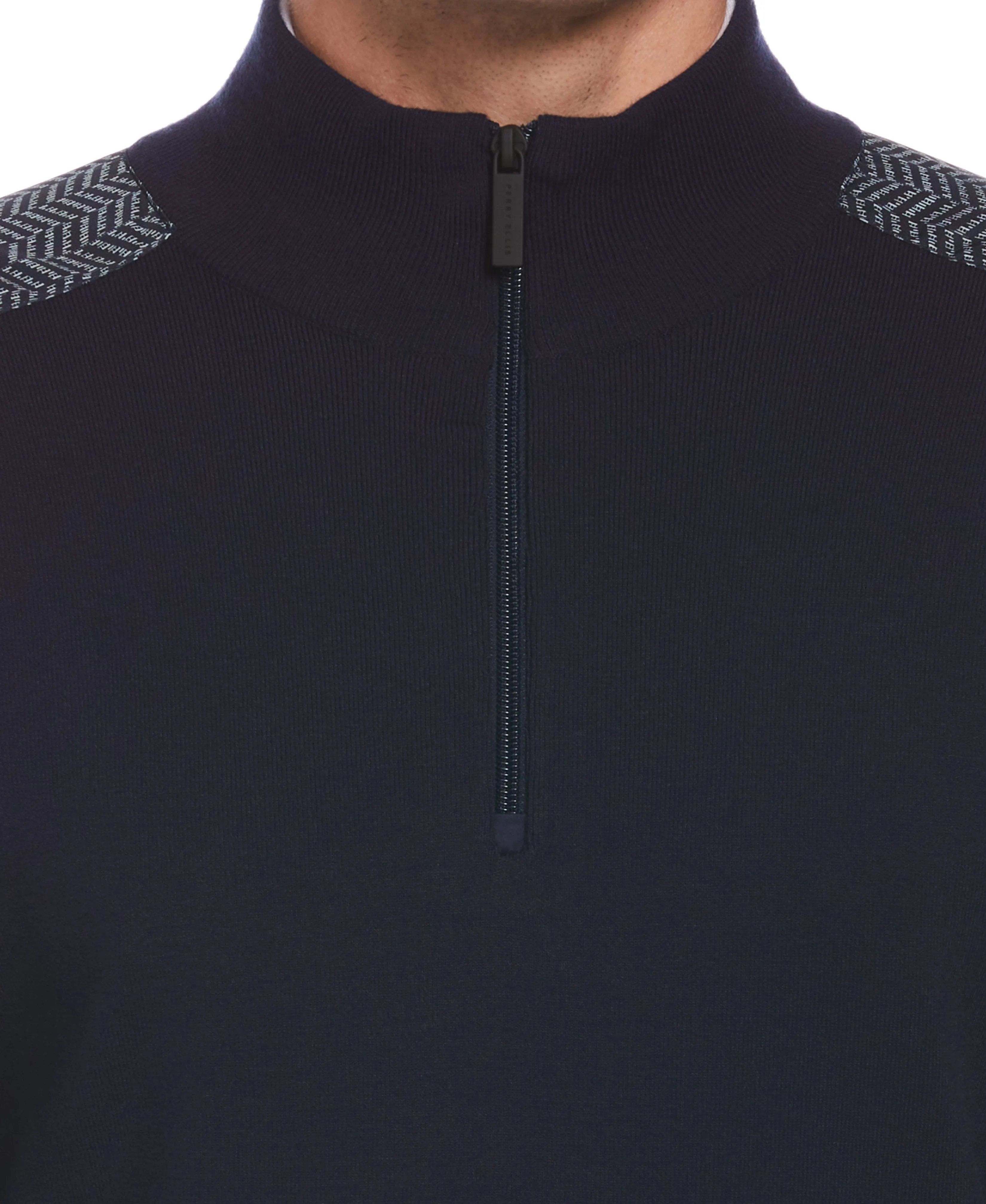 Nylon Pieced Herringbone Print Quarter Zip Sweater