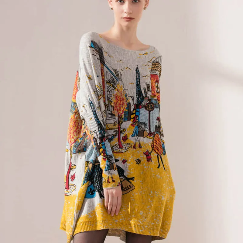 Plus size women's bat sleeve printed sweater
