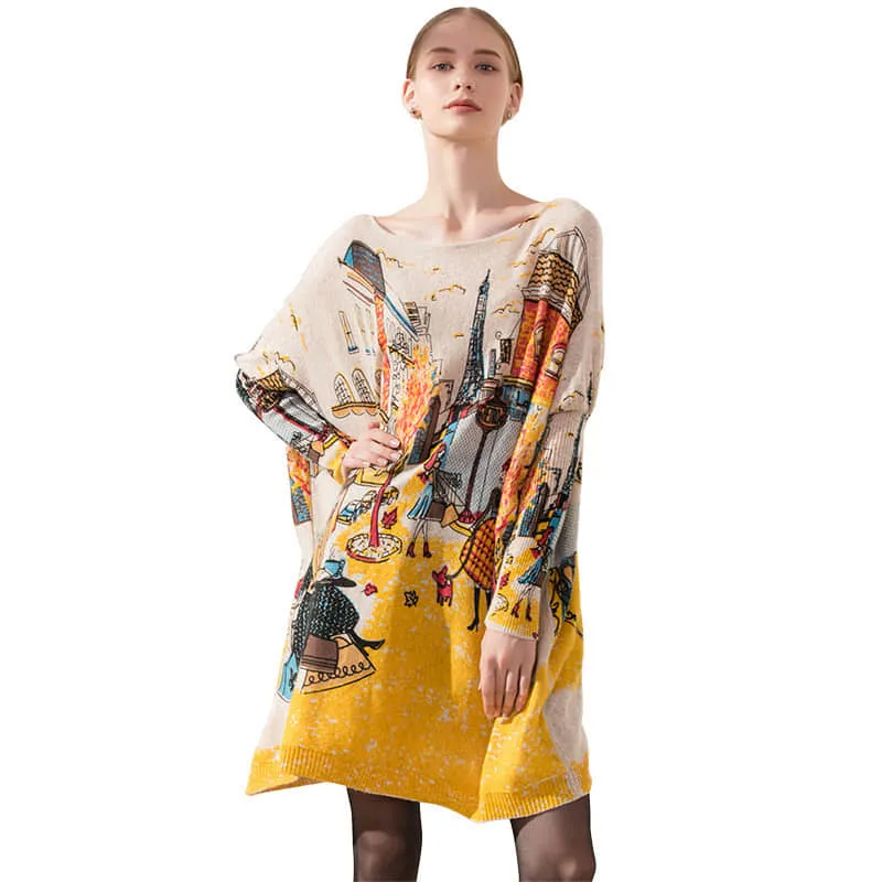 Plus size women's bat sleeve printed sweater