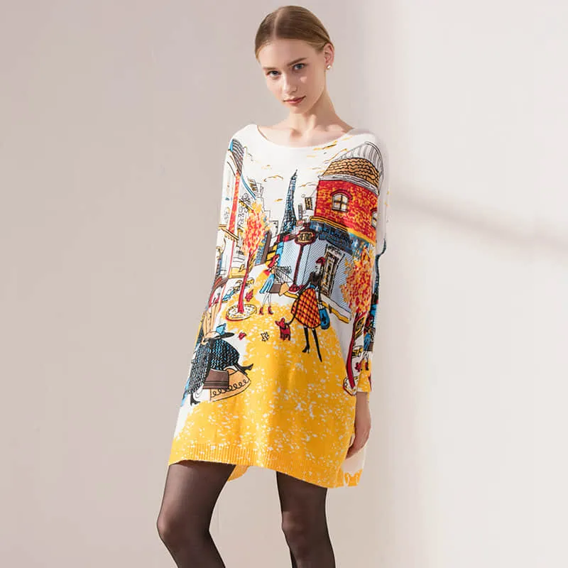 Plus size women's bat sleeve printed sweater