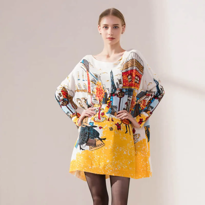 Plus size women's bat sleeve printed sweater