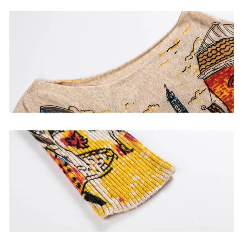 Plus size women's bat sleeve printed sweater