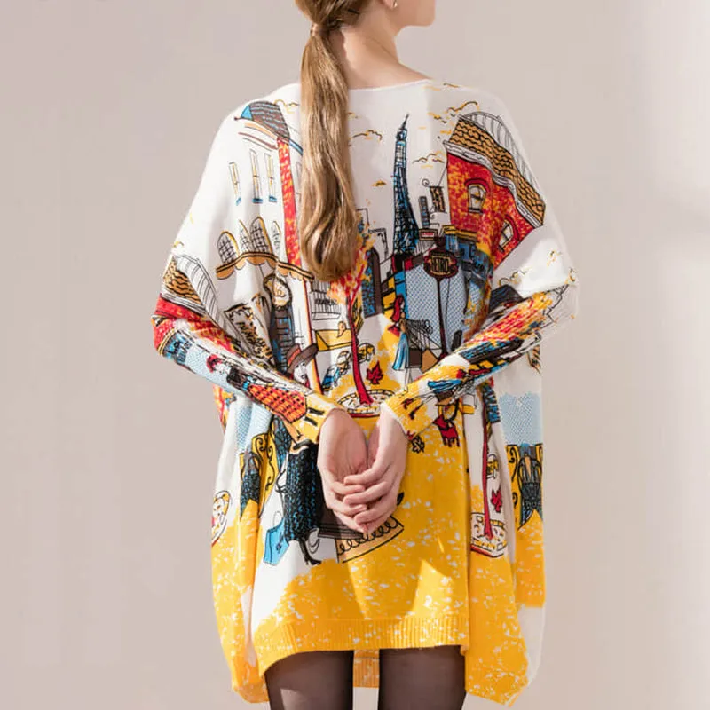 Plus size women's bat sleeve printed sweater