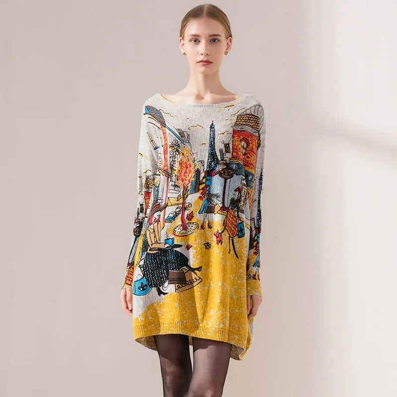 Plus size women's bat sleeve printed sweater