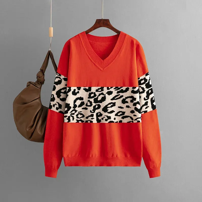 Pre Order:  Vintage Leopard Pullover Knitted V-Neck Sweater