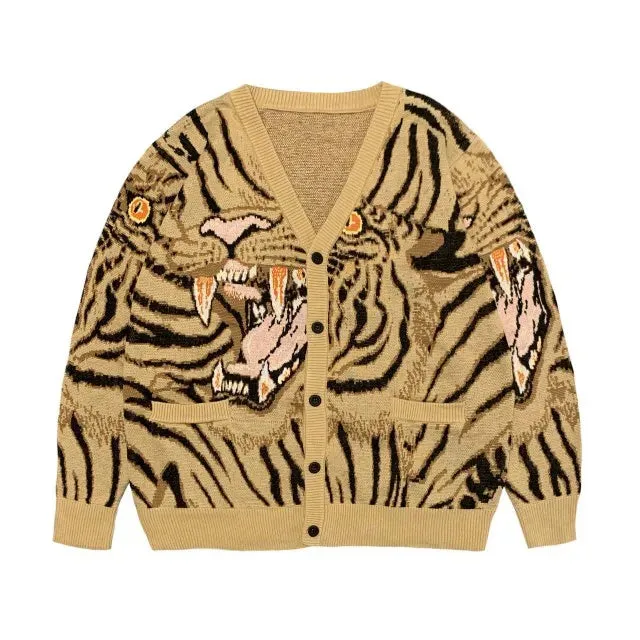 Pre Order:  Vintage Tiger Totem V-Neck Knitted Cardigan Sweater