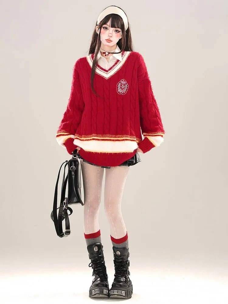 Red Preppy Style V-neck Loose Sweater