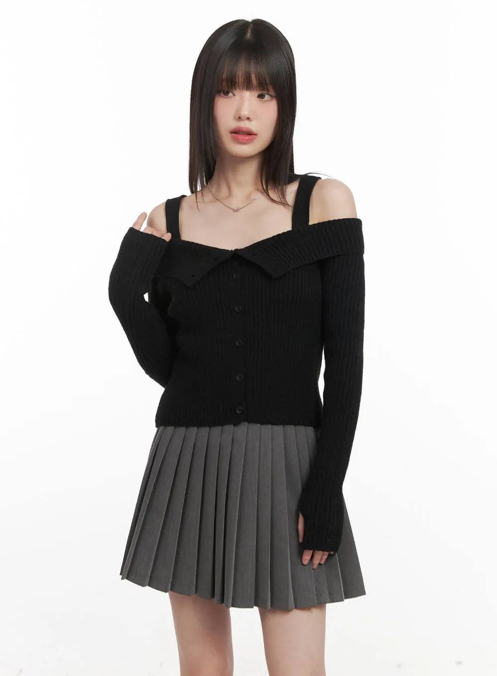 Ribbed Button-Down Off-Shoulder Sweater CJ528