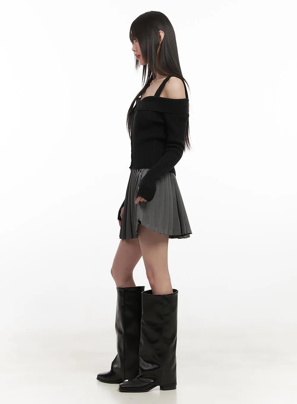 Ribbed Button-Down Off-Shoulder Sweater CJ528