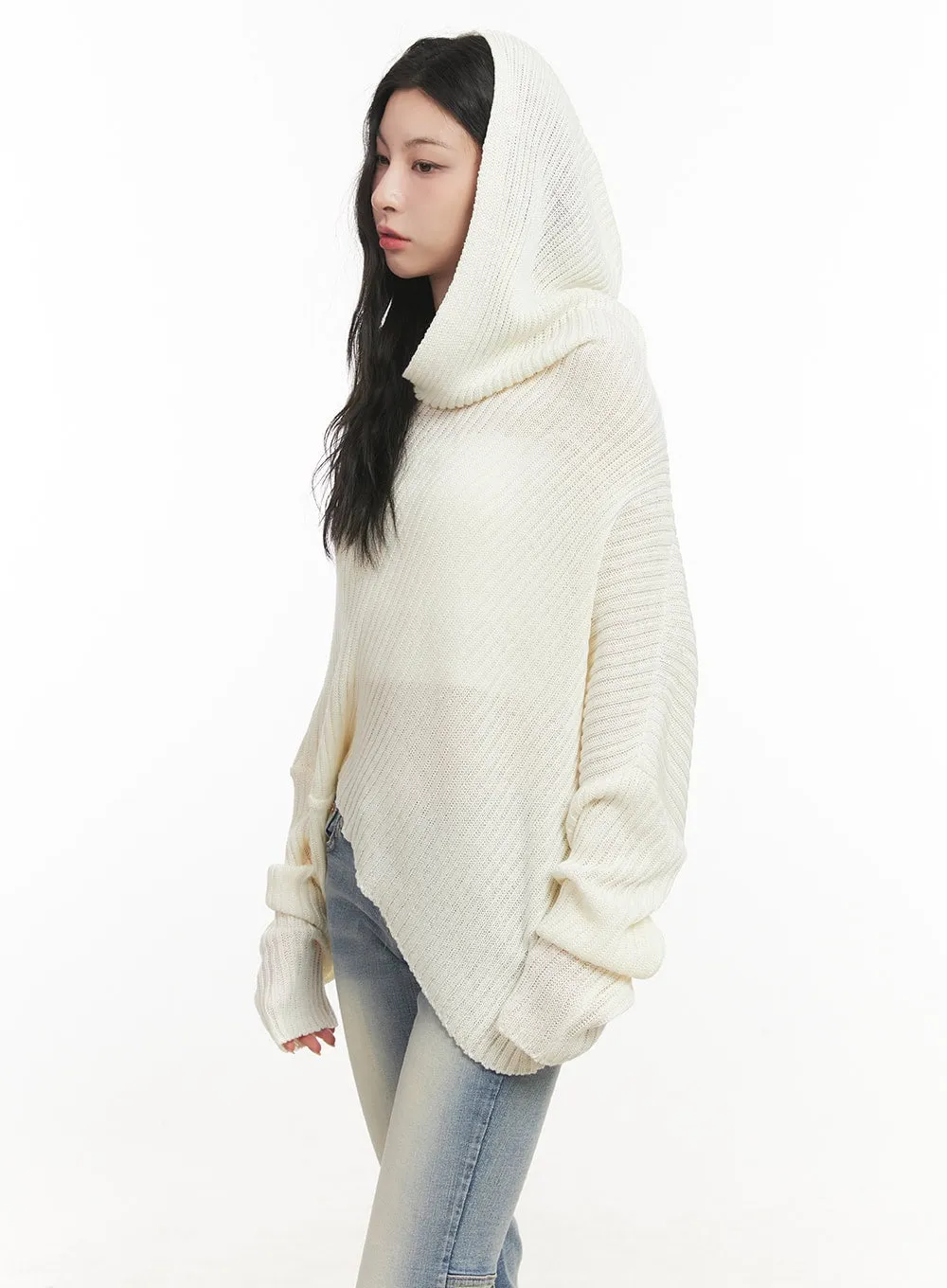 Ribbed Off-Shoulder Hooded Sweater CF513