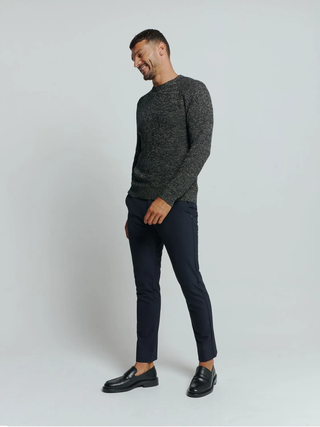 Round Neck Sweater with Tri-Color Rib Pattern: Stylish Comfort with a Colorful Twist | Night