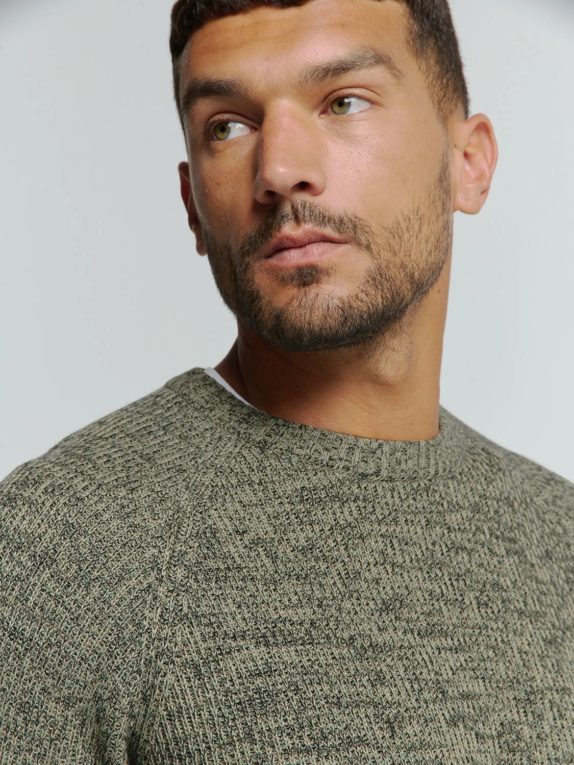 Round Neck Sweater with Tri-Color Rib Pattern: Stylish Comfort with a Colorful Twist | Smoke