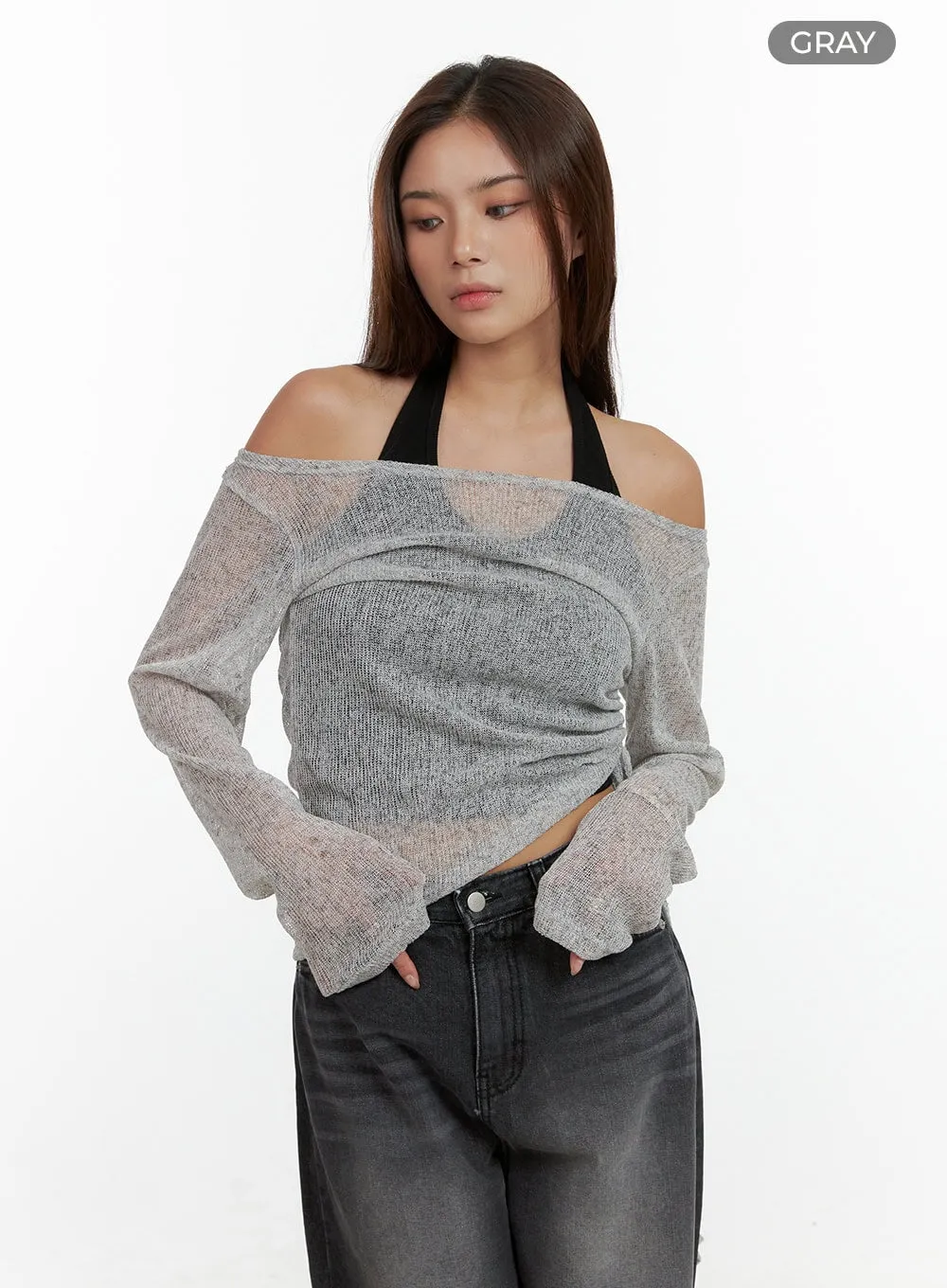 See-Through Off Shoulder Long Sleeve Top CL404