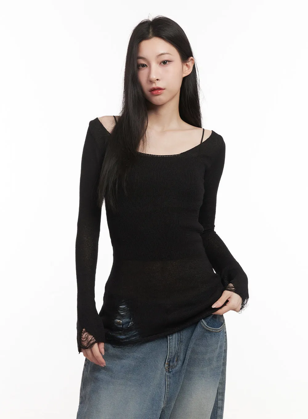 Sheer Off-Shoulder Destroyed Knit Top CM518