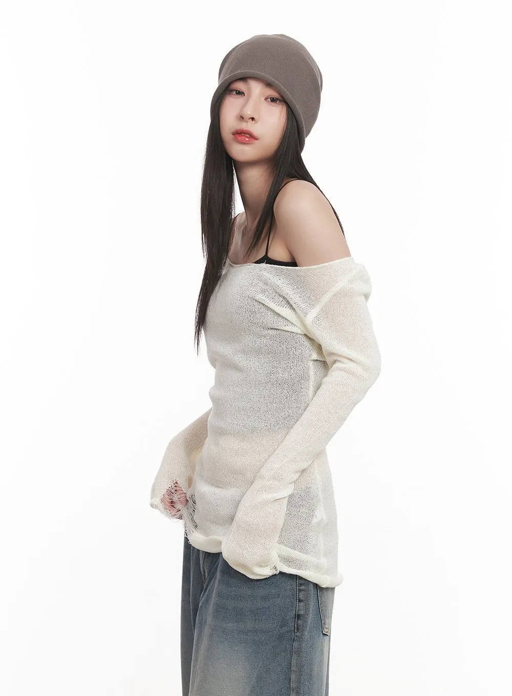 Sheer Off-Shoulder Destroyed Knit Top CM518