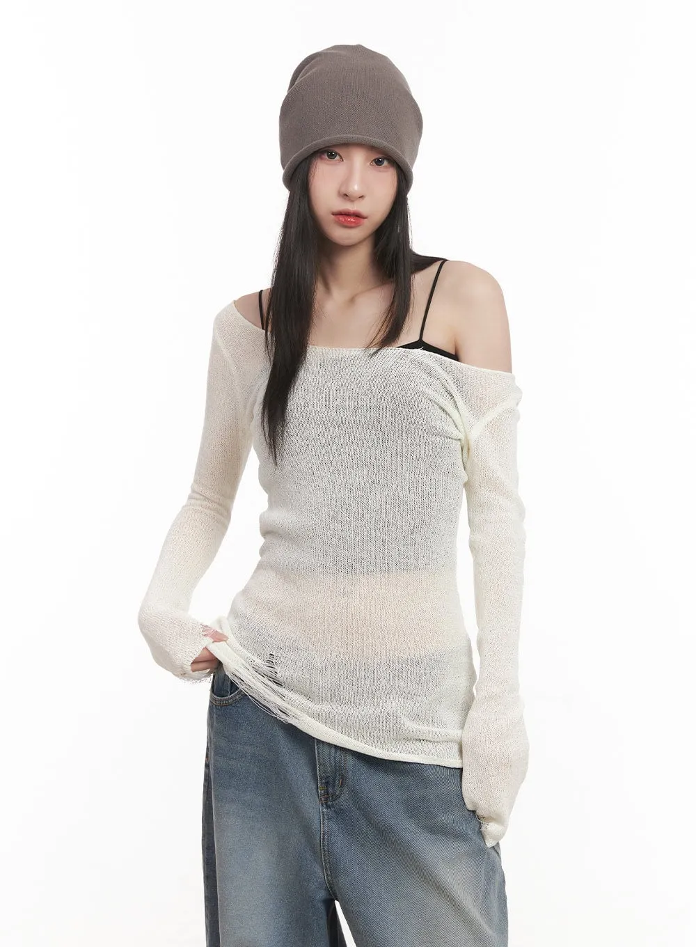 Sheer Off-Shoulder Destroyed Knit Top CM518
