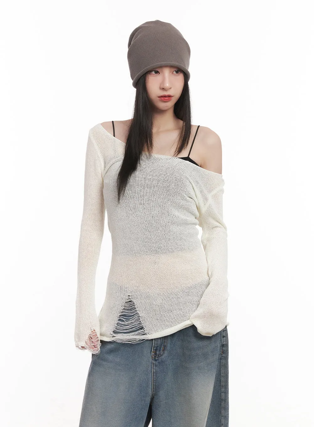Sheer Off-Shoulder Destroyed Knit Top CM518