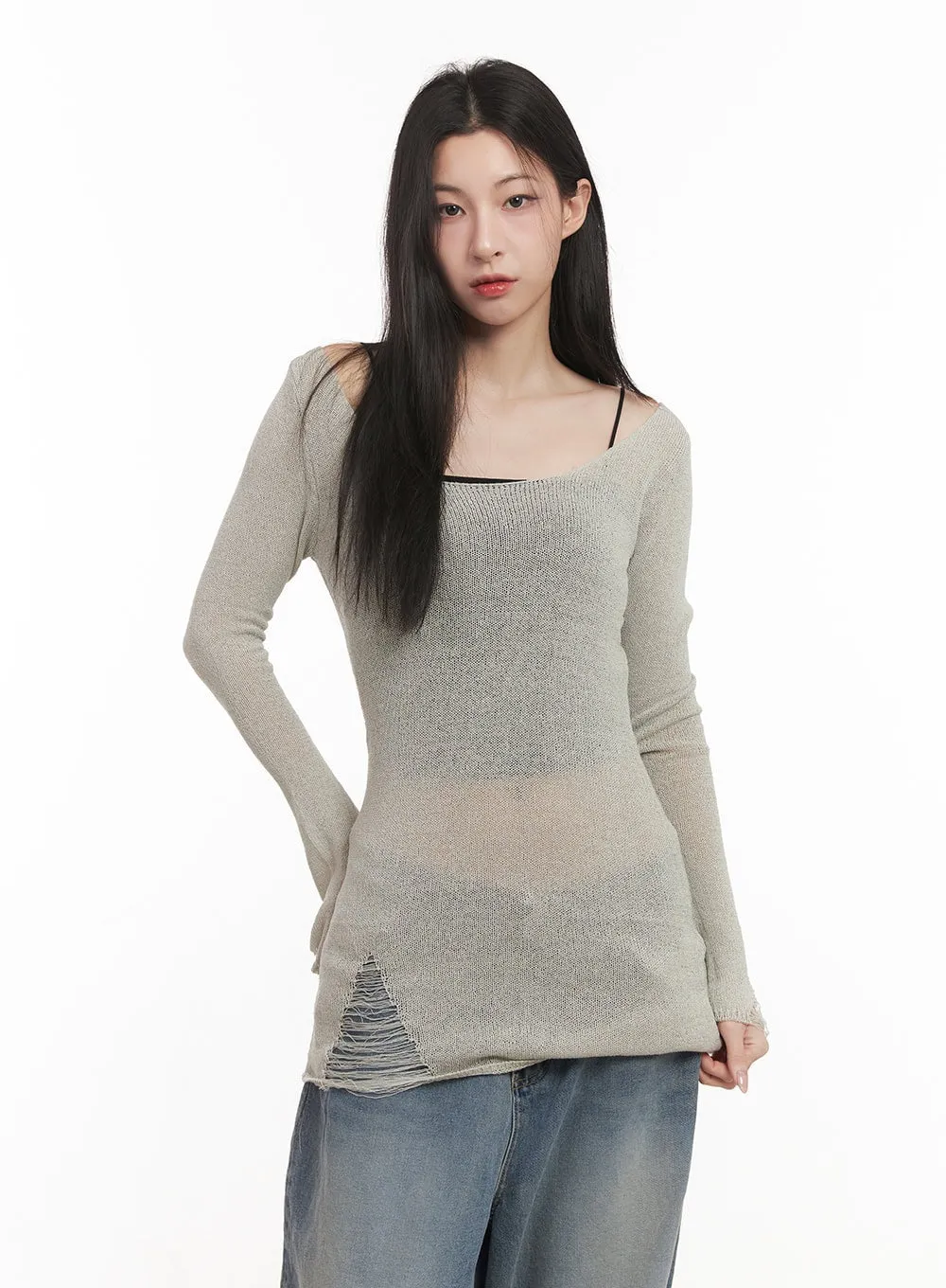 Sheer Off-Shoulder Destroyed Knit Top CM518