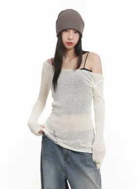 Sheer Off-Shoulder Destroyed Knit Top CM518 Sheer Off-Shoulder Destroyed Knit Top CM518