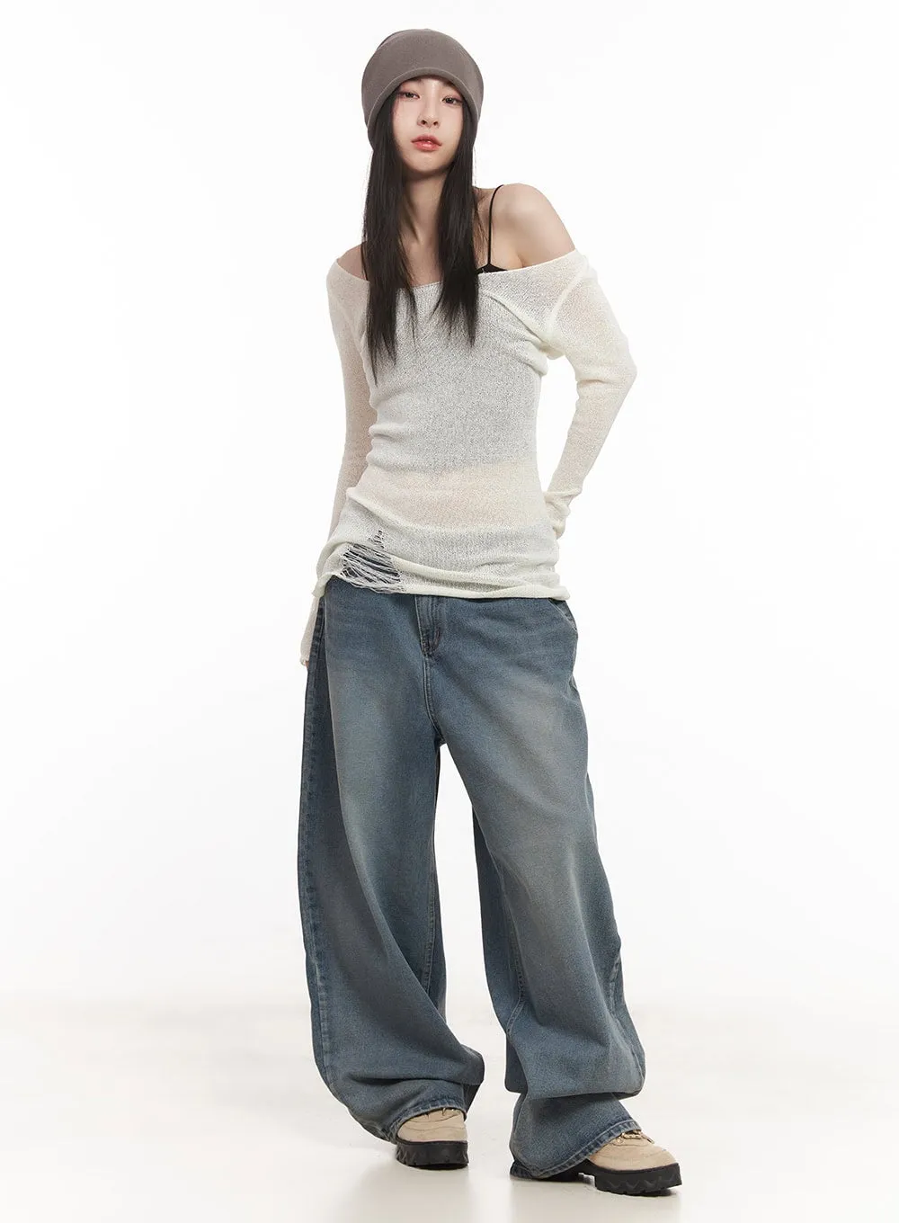 Sheer Off-Shoulder Destroyed Knit Top CM518